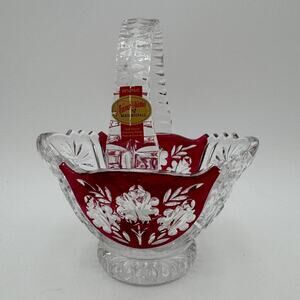 Vintage 6" Handled Basket in Oxford Rose Ruby Anna Hutte 24% PbO Lead Crystal